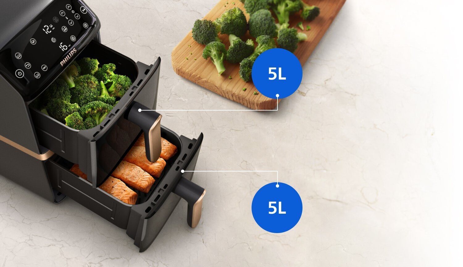 Każdy z koszy może pomieścić inne danie, a obie potrawy będą gotowe równocześnie.