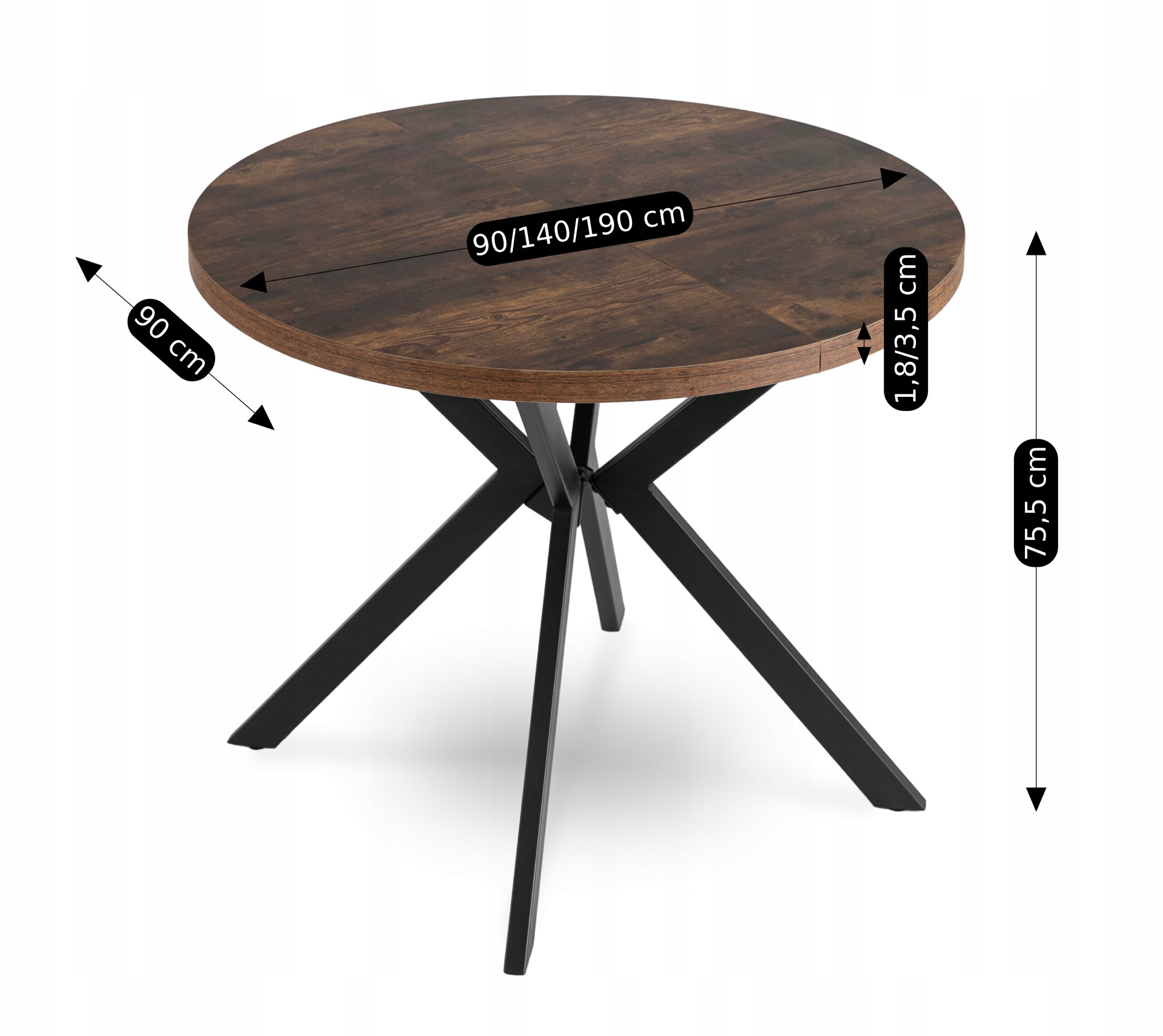 Okrągły stół z ciemnego drewna na czarnych metalowych nogach, z wymiarami: średnica 90 cm, wysokość 75,5 cm, grubość blatu 1,8/3,5 cm. Stół jest rozkładany do długości 140/190 cm.