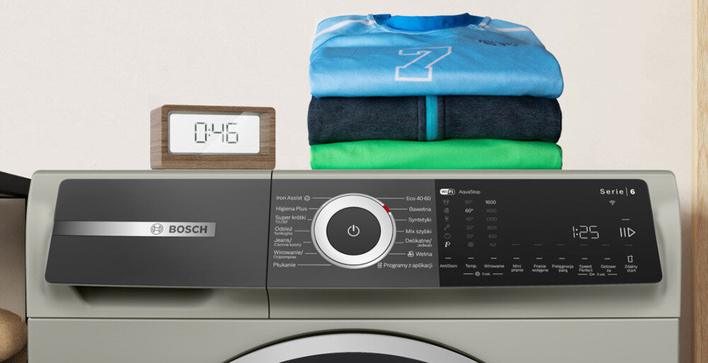 PRALKA BOSCH WGH2460XPL LIFESTYLE panel wyświetlacz przyciski czas zegar ubrania SpeedPerfect skróć czas prania oszczędność czasu szybsze pranie czyste świeże