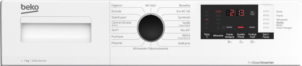 BEKO WUE7512WPBE wyświetlacz elektroniczny pokrętło komfortowa obsługa sterowanie program temperatura