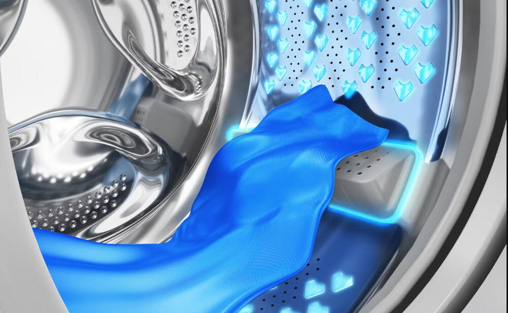 BEKO WUE7512WPBE zakrzywione szklane drzwi aquawave łopatki ubrania bęben delikatne pranie skuteczność