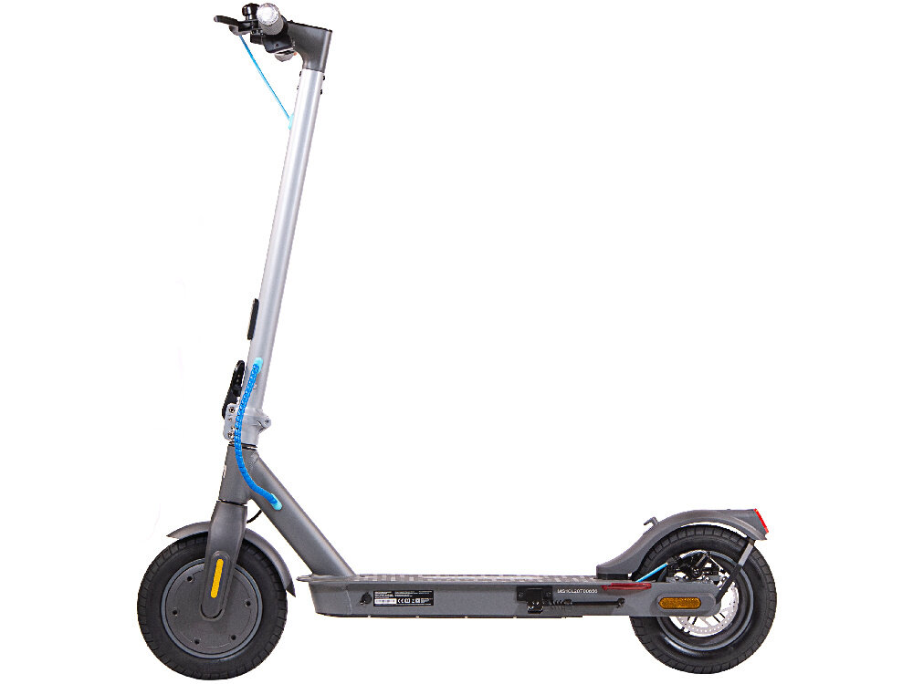 Hulajnoga elektryczna MOTUS Scooty 10 Lite Gen 4 30km 350W Amortyzacja 10 cali Szary hulajnoga na białym tle widoczna z boku sygnał dźwiękowy komunikowanie się z innymi użytkownikami drogi tempomat ustawić i utrzymywać stałą prędkość pojazdu bezpieczeństwa na drodze i oszczędność energii