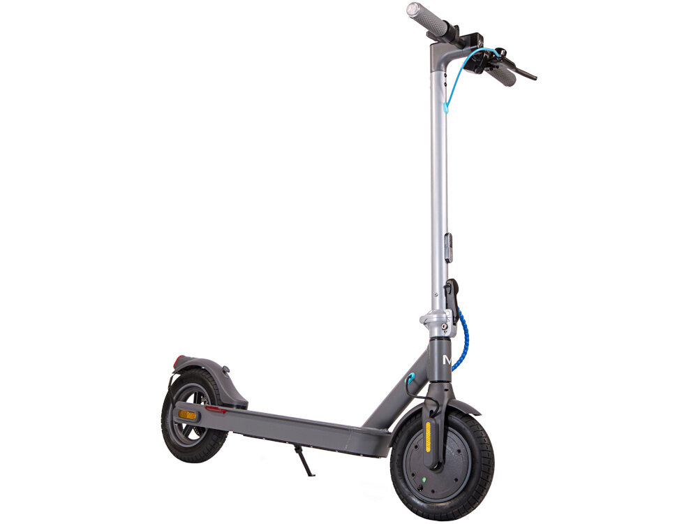 Hulajnoga elektryczna MOTUS Scooty 10 Lite Gen 4 30km 350W Amortyzacja 10 cali Szary hulajnoga na białym tle widoczna od przodu pod skosem silnik o mocy 350 W cicha praca płynna kontrola prędkości pokonywanie wzniesień o nachyleniu do 15%