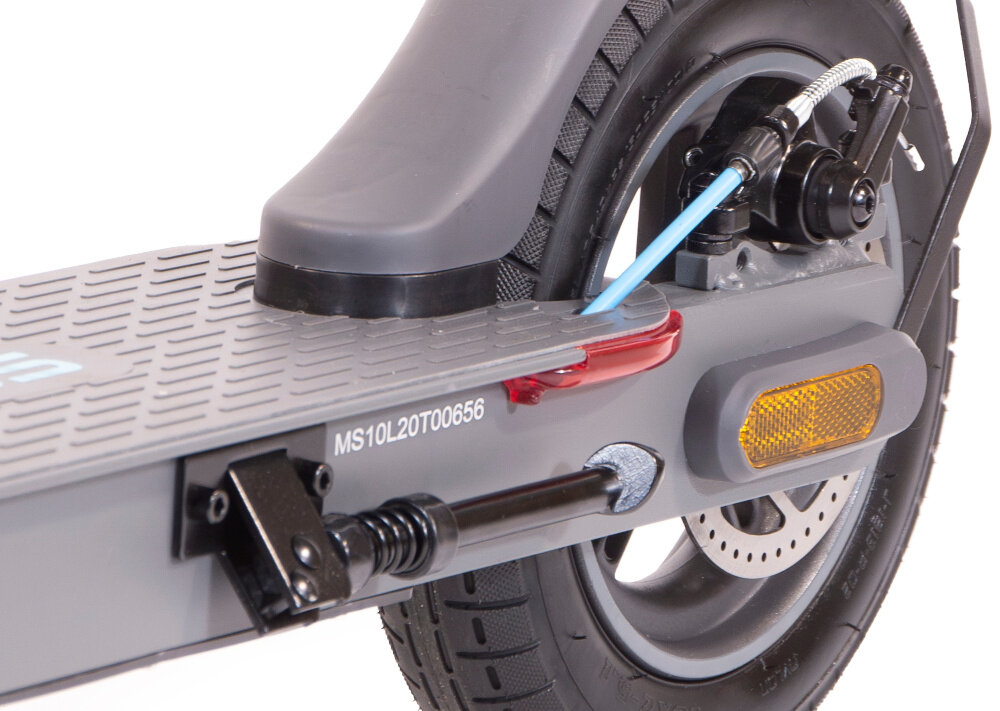 Hulajnoga elektryczna MOTUS Scooty 10 Lite Gen 4 30km 350W Amortyzacja 10 cali Szary zbliżenie na tylny hamulec zdjęcie na białym tle bezpieczeństwo tylny hamulec tarczowy mechaniczny bardzo duża siła hamowania niemal bezawaryjny działa na każdej nawierzchni