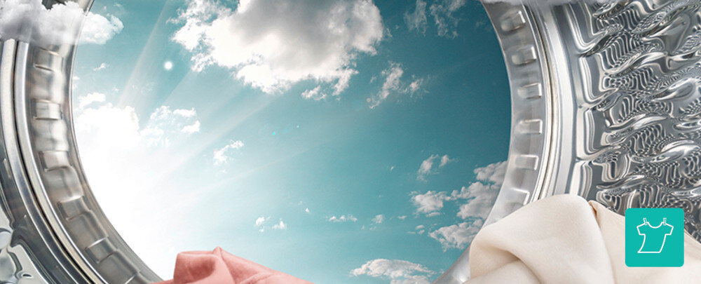 SUSZARKA GORENJE DNS93PL wizualizacja lifestyle ikona bęben widok niebo odzież wewnątrz Suszenie w temperaturze 32°C delikatne suszenie odzież sportowa bielizna