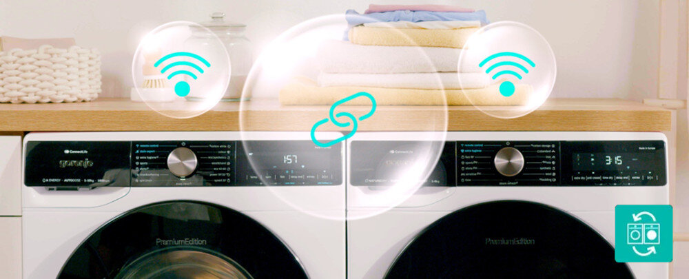 SUSZARKA GORENJE DNS93PL wizualizacja lifestyle ikony połączenia zestaw pralka suszarka Komunikacja pralki z suszarką dwa urządzenia łączenie Komunikacja Dry Sync
