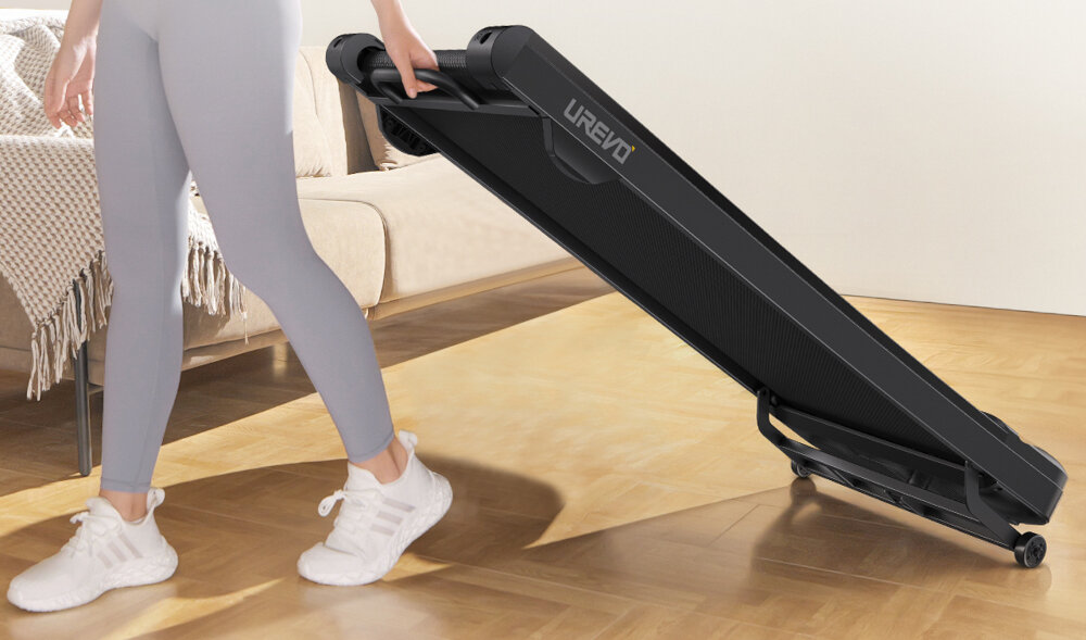 Bieżnia elektryczna UREVO Spacewalk 3S niewielki rozmiar latwe przechowywanie oszczednosc miejsca rolki latwy transport