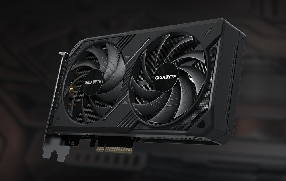 Karta graficzna GIGABYTE GeForce RTX 5060 Ti Windforce OC 8GB Zbliżenie na kartę graficzną z dwoma dużymi wentylatorami, umieszczoną w pozycji poziomej, z widocznym logo 'Gigabyte' na każdym z wentylatorów, opis