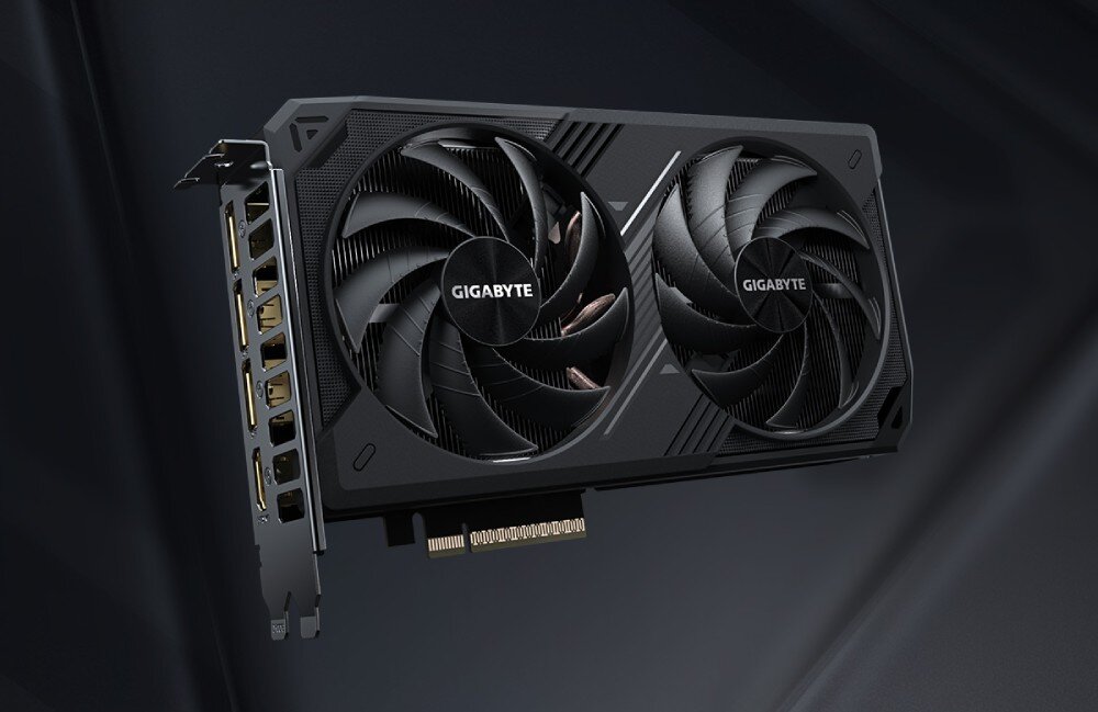 Karta graficzna GIGABYTE GeForce RTX 5060 Ti Windforce OC 8GB Widok karty graficznej od strony złączy wideo, przedstawiający dwa wentylatory oraz porty DisplayPort i HDMI, architektura, parametry, pamięć, porty