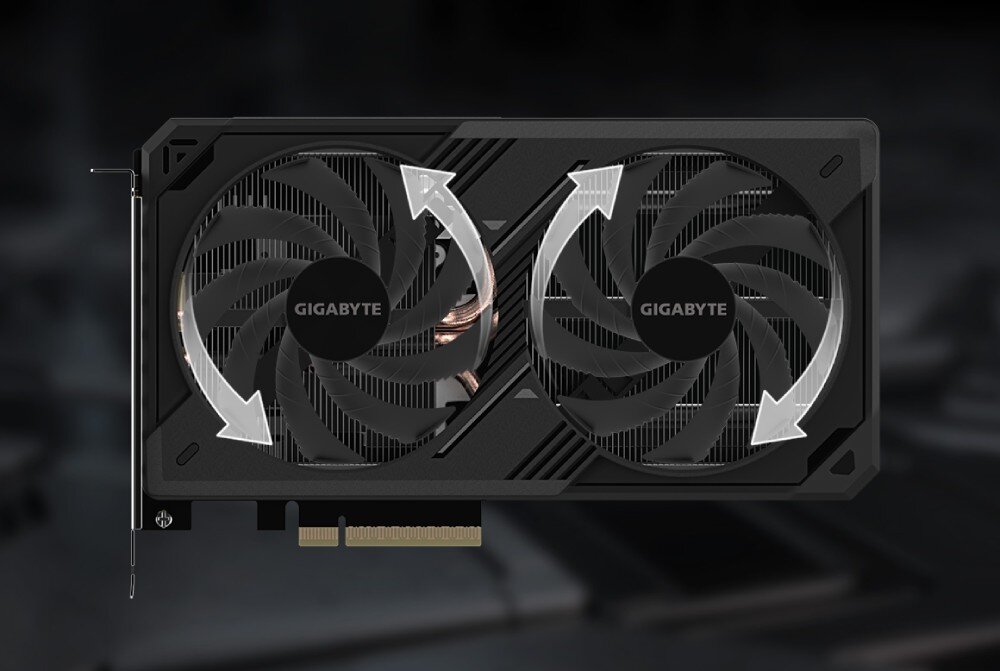 Karta graficzna GIGABYTE GeForce RTX 5060 Ti Windforce OC 8GB Widok karty graficznej z góry z zaznaczonym kierunkiem obrotu dwóch wentylatorów za pomocą białych strzałek, chłodzenie, temperatura, miedziana płytka, ciepłowody