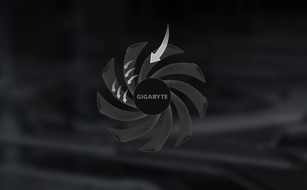 Karta graficzna GIGABYTE GeForce RTX 5060 Ti Windforce OC 8GB Jeden wentylator z bliska z zaznaczonym kierunkiem przepływu powietrza na każdej łopatce, wentylator, łopatki