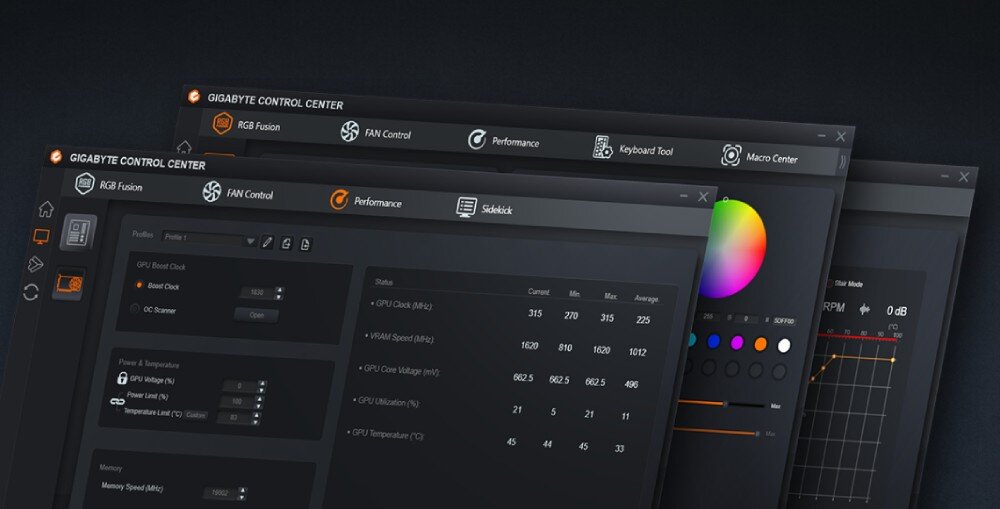 Karta graficzna GIGABYTE GeForce RTX 5060 Ti Windforce OC 8GB Trzy nałożone na siebie zrzuty ekranu interfejsu oprogramowania 'Gigabyte Control Center' pokazujące ustawienia RGB, kontroli wentylatorów i monitorowania parametrów GPU, aplikacja, funkcje, narzędzia