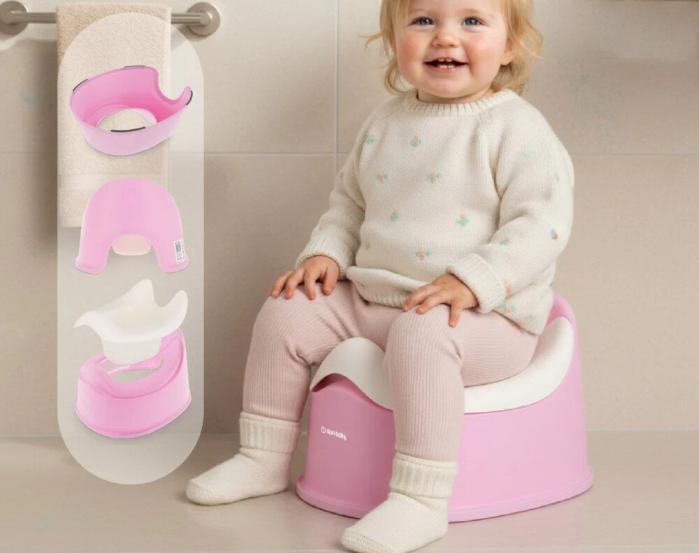 Dziecko siedzi na różowo-białym nocniku, obok widoczne są trzy etapy montażu nocnika. Na nocniku znajduje się logo \'Sun Baby\'.
