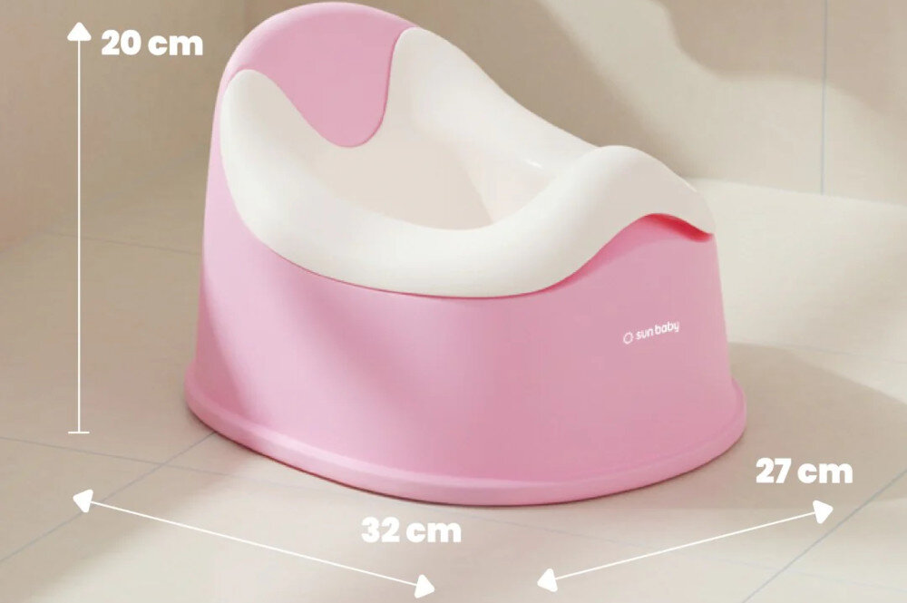 Różowo-biały nocnik z logo \'sun baby\' na boku, z wymiarami: wysokość 20 cm, szerokość 32 cm, głębokość 27 cm.