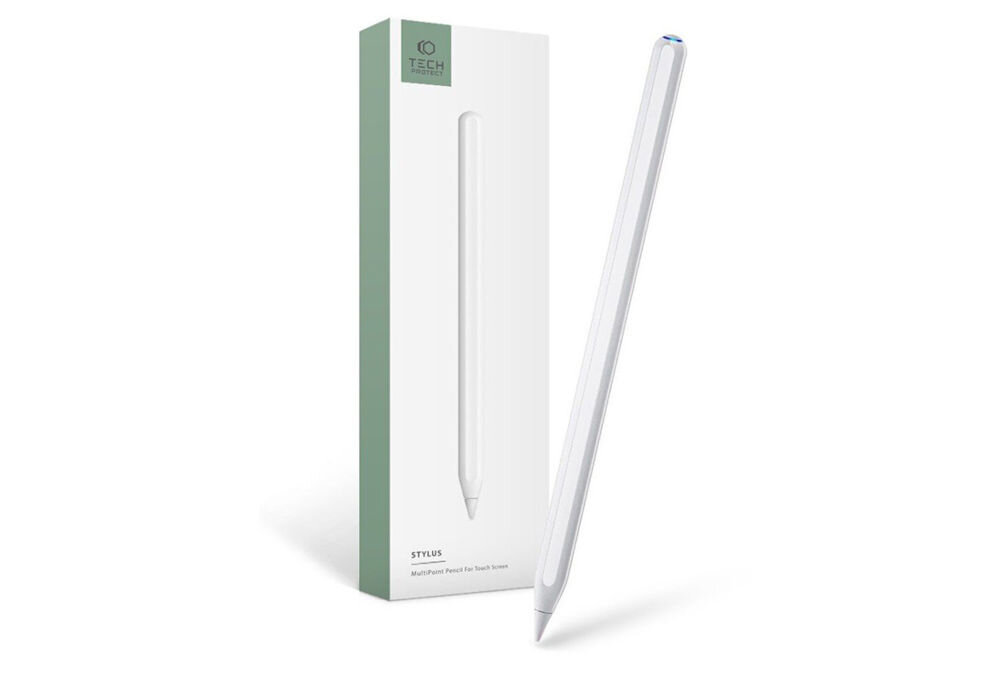 Rysik TECH-PROTECT Digital Stylus Pen 2 Biały prezentacja rysika i jego opakowania system diod LED sygnalizuje aktywność proces ładowania potwierdzenie pełnego naładowania baterii monitorowanie poziomu naładowania dzięki Bluetooth indukcyjna technologia ładowania