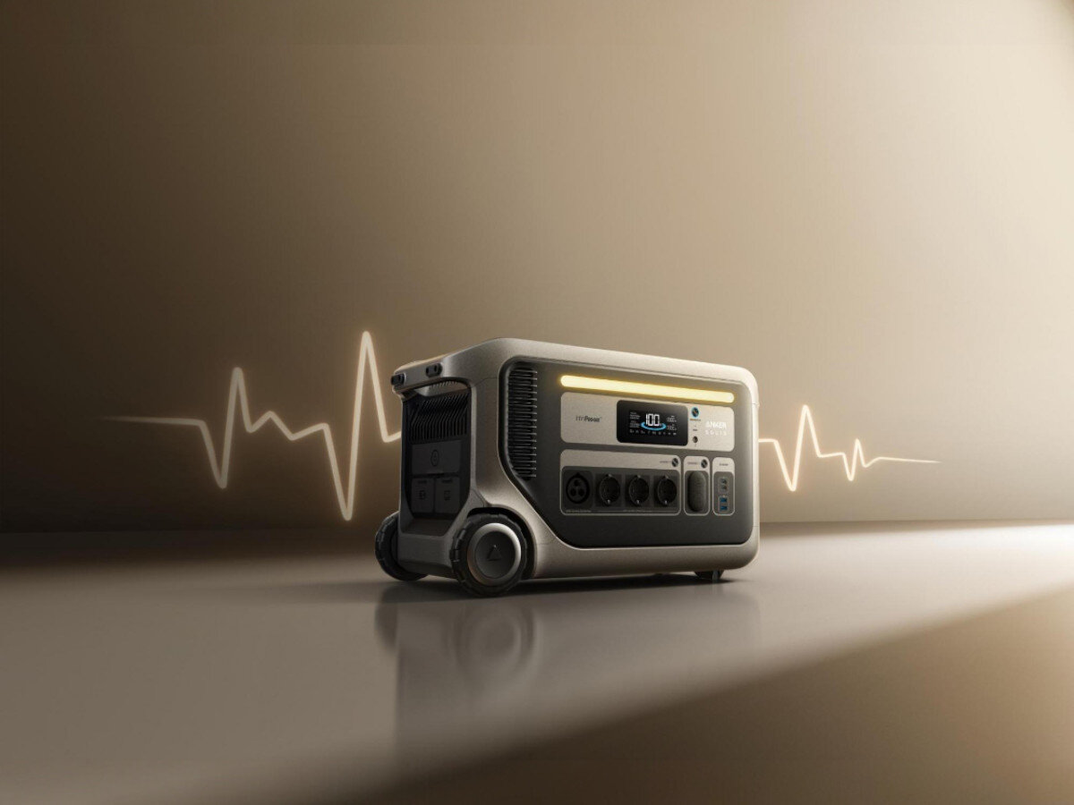 Stacja zasilania ANKER Solix F3000 3072 wh 3600W, app, LCD, zdalne, optymalizacja, na beżowym tle stacja zasilania z falami dźwiekowymi