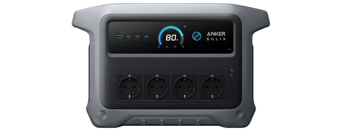 Na obrazie widoczna jest stacja zasilania z wyświetlaczem pokazującym 80% oraz logo \'ANKER SOLIX\'. Poniżej znajdują się cztery gniazda elektryczne.