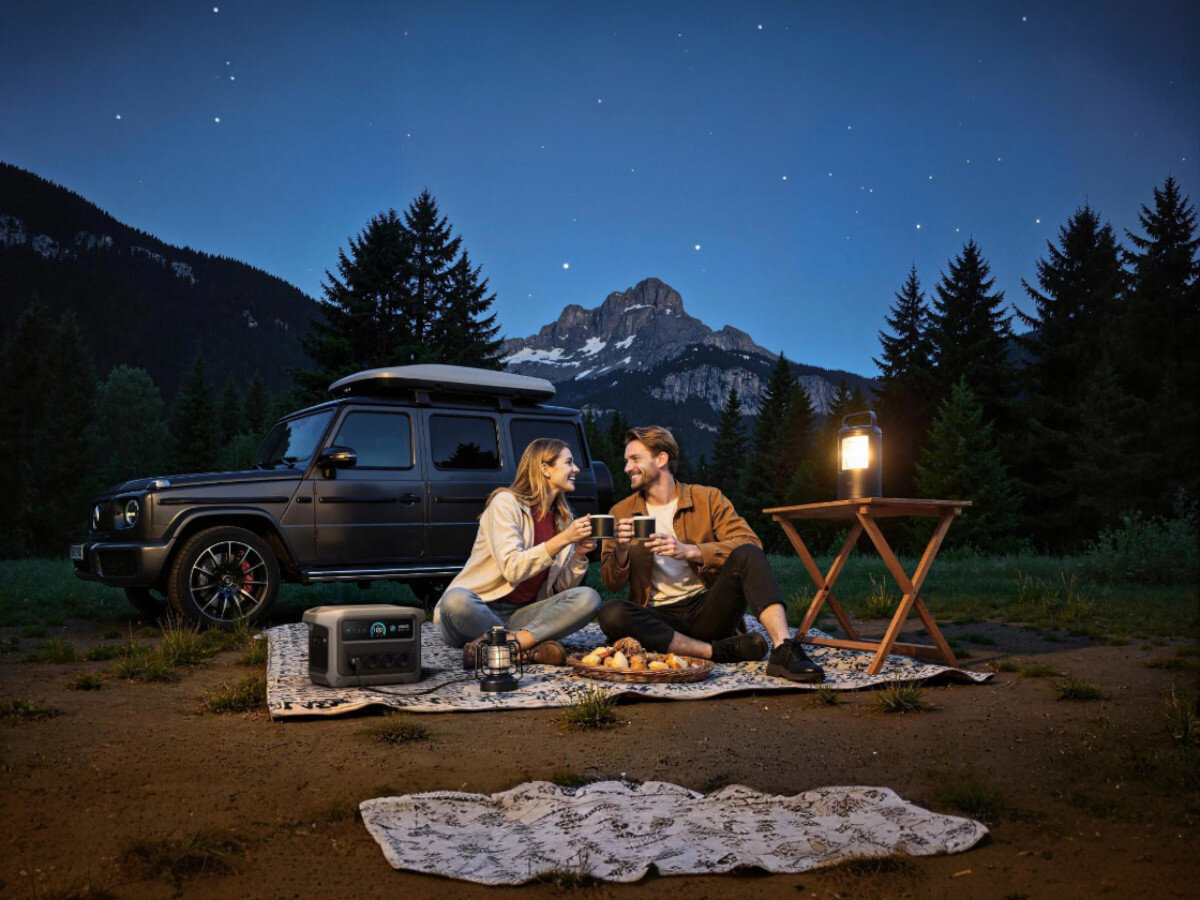 Stacja zasilania ANKER Solix C1000 Gen 2, UPS, przełącznik, awaria, TOU, w tle góry, para sidzi na kocyku porą nocną, w tle stacja zasilania