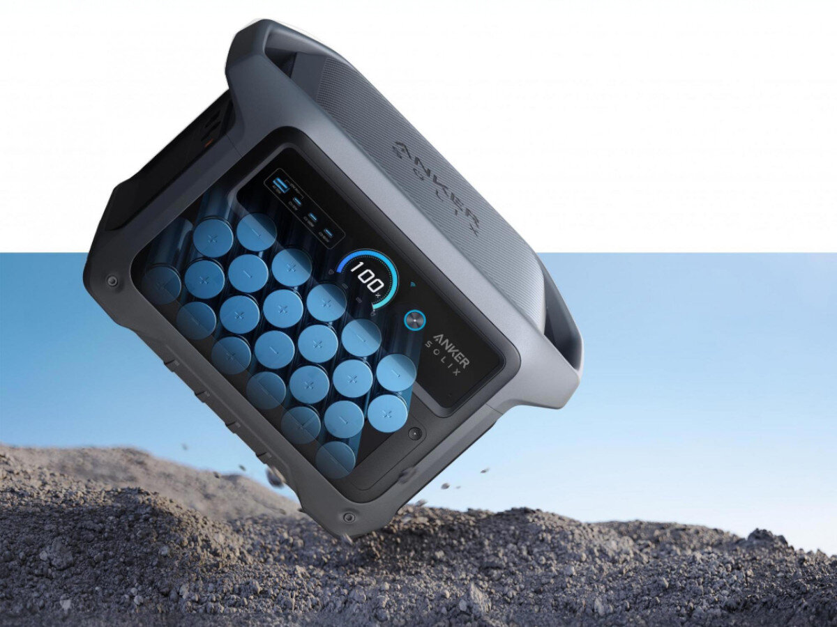 Stacja zasilania ANKER Solix C1000 Gen 2, solar, 600W, MPPT, auto, biało niebieskie tło, stacja zasilania na jednym z rogów obudowy