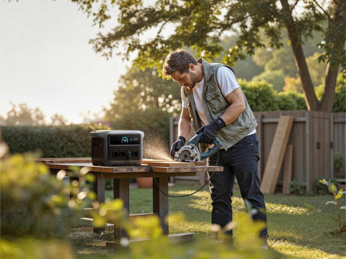 Stacja zasilania ANKER Solix C1000 Gen 2, przenośny, waga, uchwyt, rozmiar, mężczyzna pracuje stolarsko na otwartym powietrzu, z stacją zasilania obok