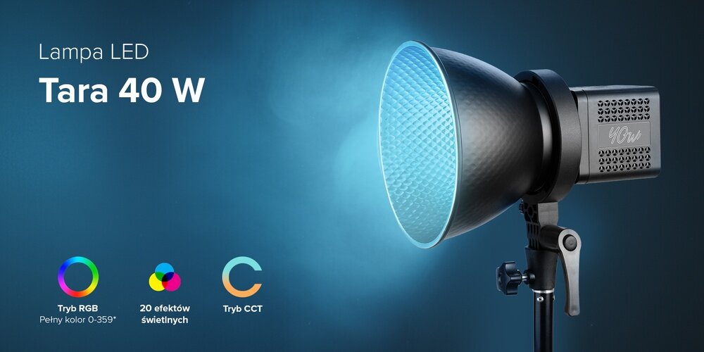 Lampa LED 40 W Tara z czaszą, trybami RGB, 20 efektami i regulacją barwy światła, zamontowana na statywie