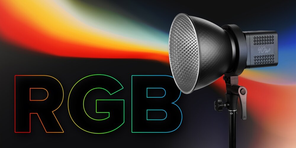 Grafika prezentuje lampę LED Newell Tara 40 RGB na statywie na kolorowym tle. Po lewej stronie duży napis RGB.