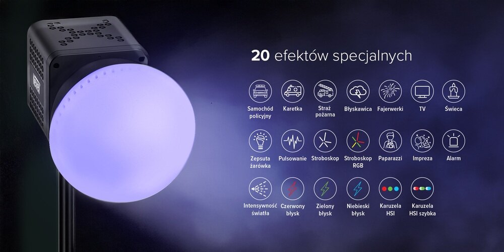 Grafika przedstawia lampę Tara marki Newell z silikonowym dyfuzorem  z 20 efektami specjalnymi.