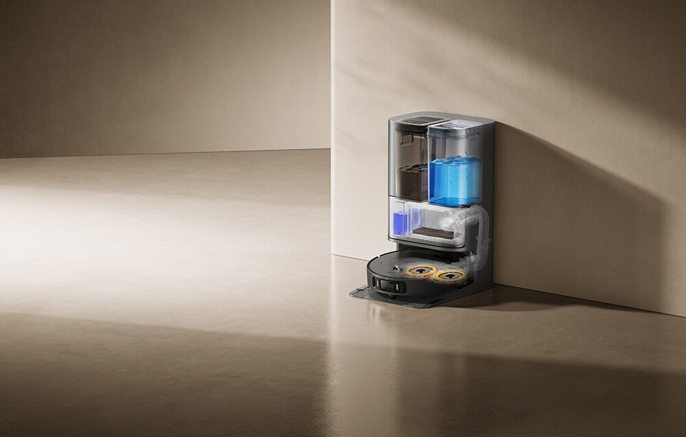 Robot sprzątający DREAME L40 Ultra AE Czarny Wielozadaniowa stacja bazowa czyści je i suszy dezynfekuje gorąca woda temperatura jeden z czterech poziomów dozowania wody system automatycznego napełniania i opróżniania zbiornika