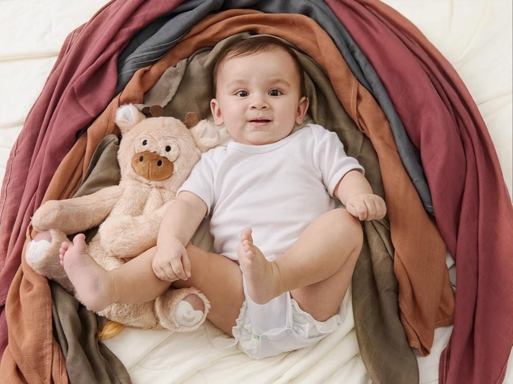 Zestaw otulaczy muślinowych MOMCOZY SJ007-MU00NB-A (4 szt.) Głęboki i bezpieczny sen rozmiar wymiary łatwe i skuteczne otulenie delikatny stopień rozciągliwości materiału  bambusowo-bawełniany 