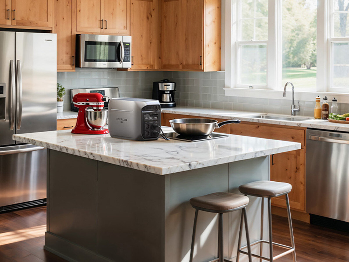 Stacja zasilania ECOFLOW Delta 3 Max Plus 2048 Wh, kontrola, automatyzacja, inteligencja, optymalizacja, Stacja EcoFlow w kuchni z robotem i płytą