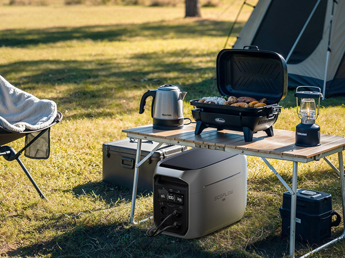 Stacja zasilania ECOFLOW Delta 3 Max Plus 2048 Wh, trwałość, bezpieczeństwo, stabilność, wytrzymałość, EcoFlow zasila kuchenkę i czajnik na kempingu