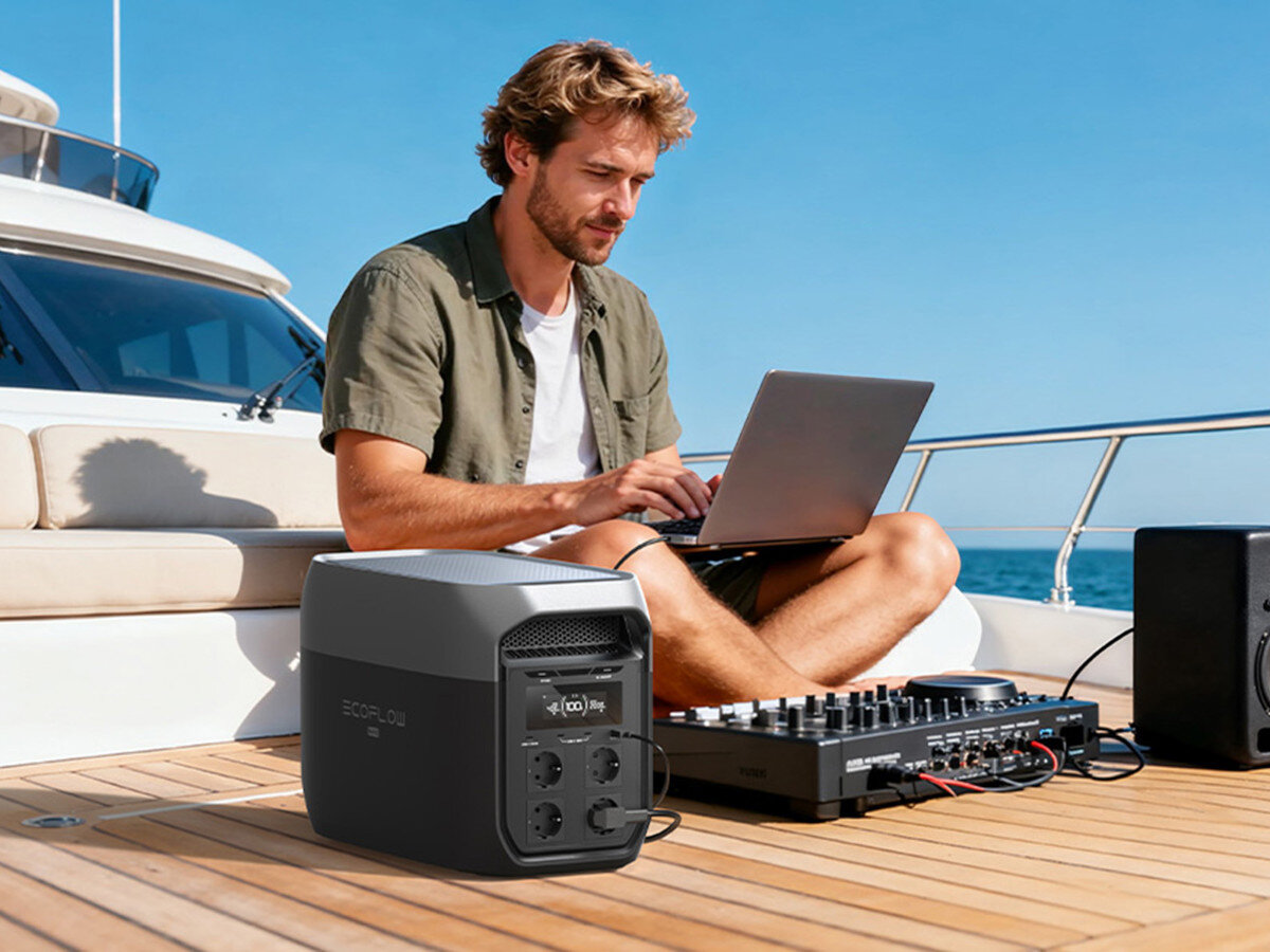 Stacja zasilania ECOFLOW Delta 3 Max 2048 Wh, ochrona, odporność, cisza, solidność, EcoFlow DELTA Max zasila sprzęt audio na jachcie