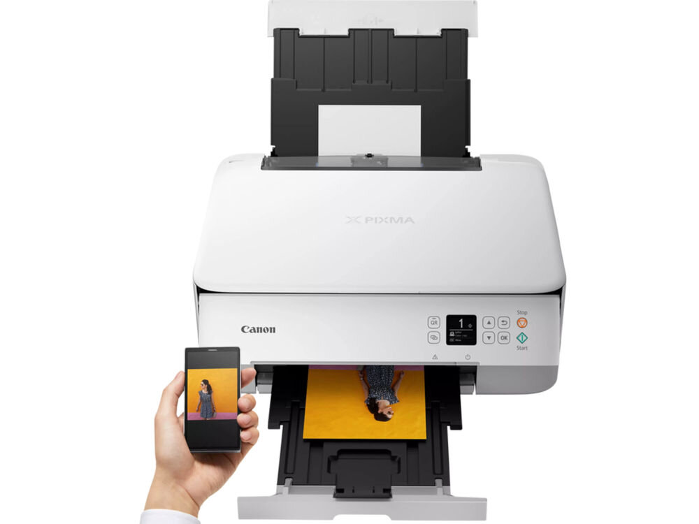 Urządzenie wielofunkcyjne CANON Pixma TS5351I Druk w kolorze, Automatyczny druk dwustronny, Wi-Fi dłoń ze smartfonem z aplikacją łączność mobilna kompatybilność