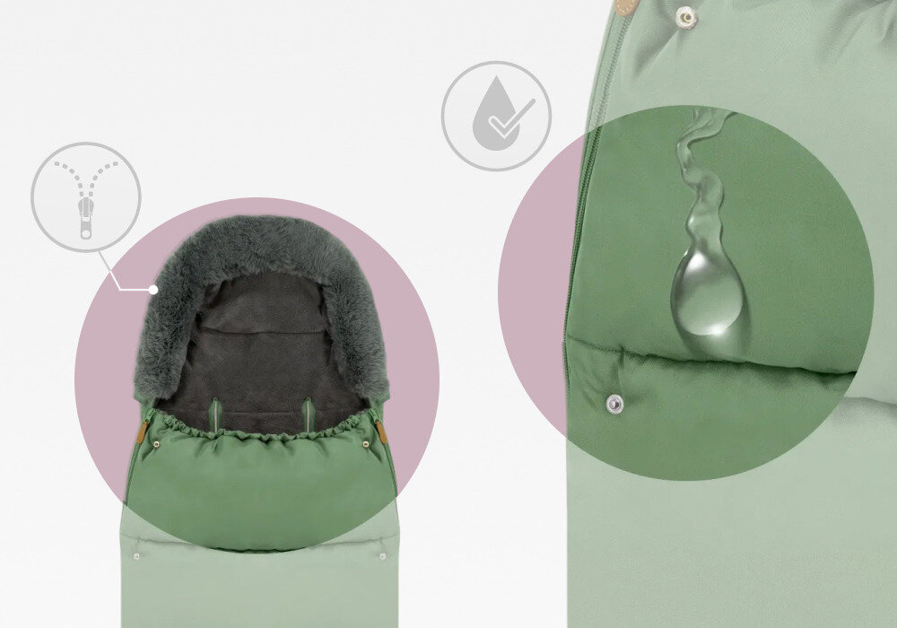 Śpiworek MOMI Sardi 2w1 Zielony Wodoodporna ochrona miękki plusz chroni przed wiatrem, deszczem oraz śniegiem  Wnętrze wykończono miękkim pluszem kaptur ma odpinane futerko Dwustronne zamki