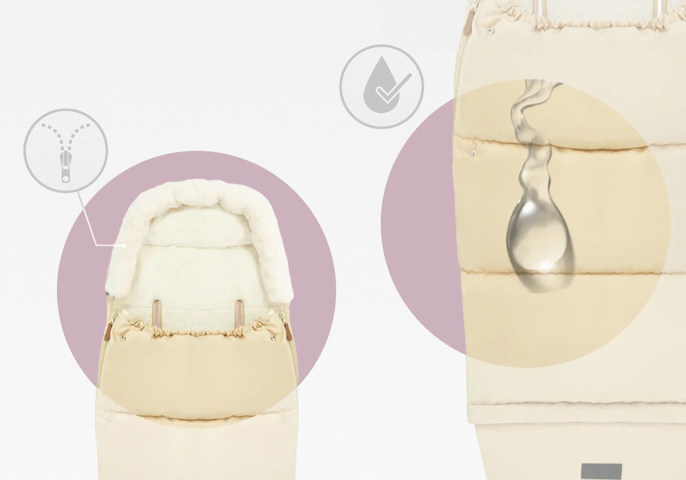 Śpiworek MOMI Sardi 2w1 Beżowy Wodoodporna ochrona miękki plusz chroni przed wiatrem, deszczem oraz śniegiem  Wnętrze wykończono miękkim pluszem kaptur ma odpinane futerko Dwustronne zamki