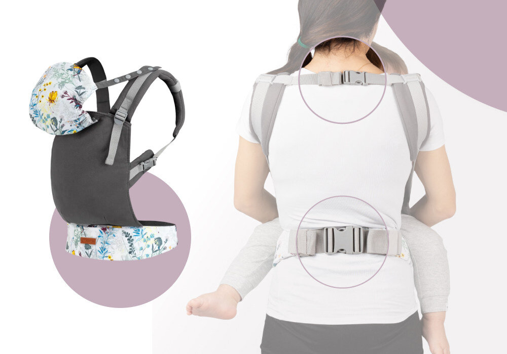 Nosidełko MOMI Collet Wielokolorowy Regulacje i komfort rodzica  6 punktów regulacji precyzja dopasowanie Szerokie pasy na ramionach szeroki pas biodrowy Klamry zabezpieczone miękkimi nakładkami