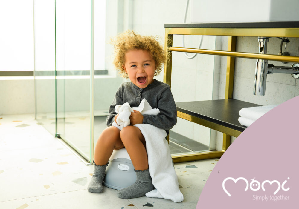 Nocnik MOMI Dito Szary wygląd design tło wizualizacja Pierwsze kroki w treningu czystości Spokój rodzica, wygoda dziecka