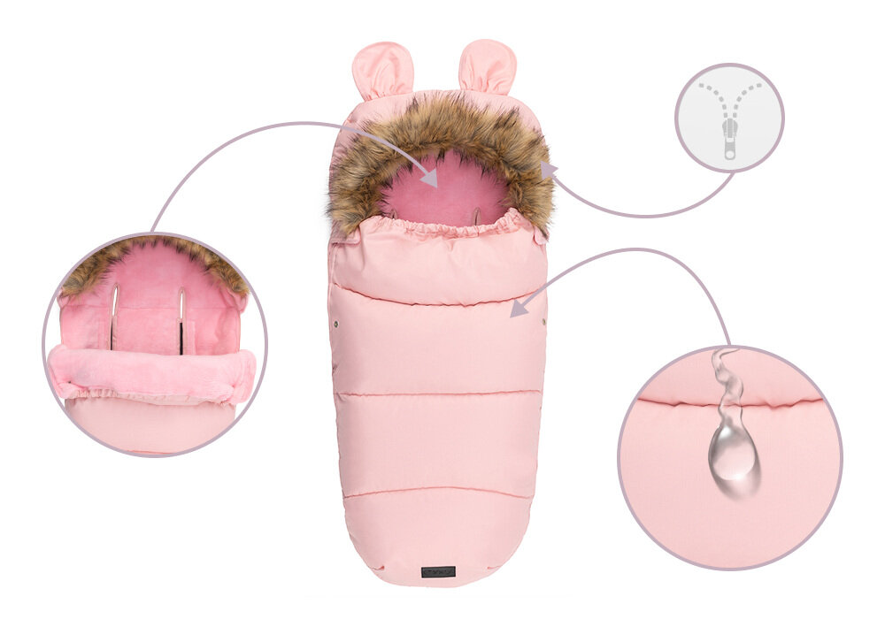 Śpiworek MOMI Cozy Różowy Wodoodporna ochrona miękkie wnętrze wodoodporna hroni przed deszczem i śniegiem nie przepuszcza wiatru Wnętrze wykończone jest grubym, pluszowym materiałem izoluje od zimna Kaptur z uroczymi uszkami i odpinanym futerkiem 
