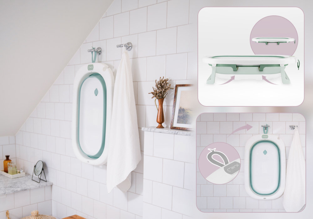 Wanienka MOMI Nata Zielony Funkcja szybkiego składania płaski profil po złożeniu 10 cm Wygodne użytkowanie Uchwyt do zawieszenia łatwość przechowywania