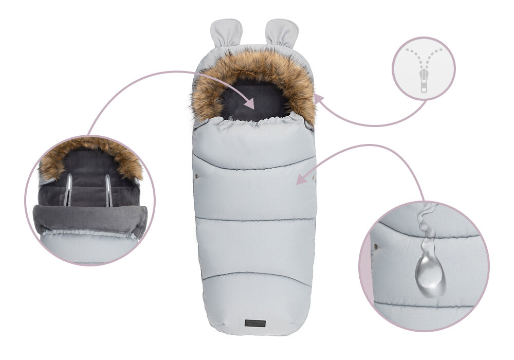 Śpiworek MOMI Cozy Szary Wodoodporna ochrona miękkie wnętrze wodoodporna hroni przed deszczem i śniegiem nie przepuszcza wiatru Wnętrze wykończone jest grubym, pluszowym materiałem izoluje od zimna Kaptur z uroczymi uszkami i odpinanym futerkiem 