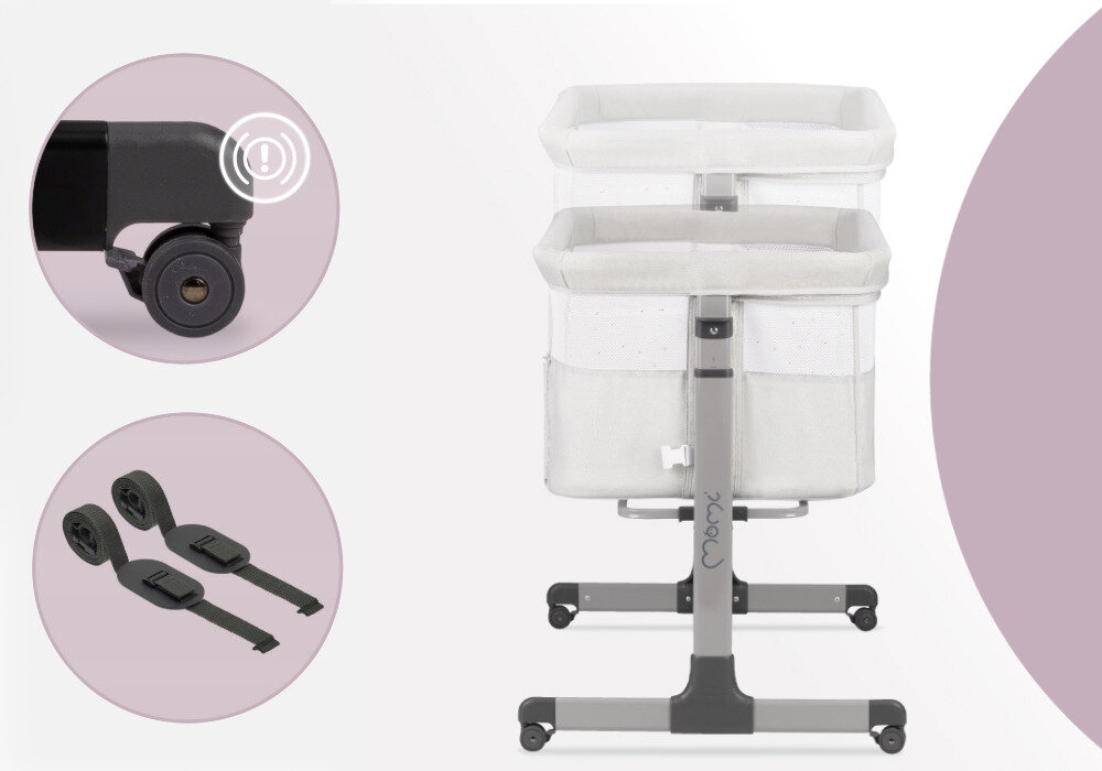 Łóżeczko MOMI Revo 2W1 Jasnoszary Stabilizacja i regulacja wysokości  6 poziomów regulacji wysokości dopasowanie  Bok łóżeczka odpina się na zamek łatwy dostęp do dziecka Pas mocujący blokada kółek