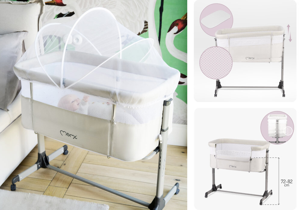 Łóżeczko MOMI Revo 2W1 Jasnoszary Regulacja nachylenia funkcja regulacji spadu materac  bezpieczny i spokojny sen Miękkie wykończenie moskitiera zestaw