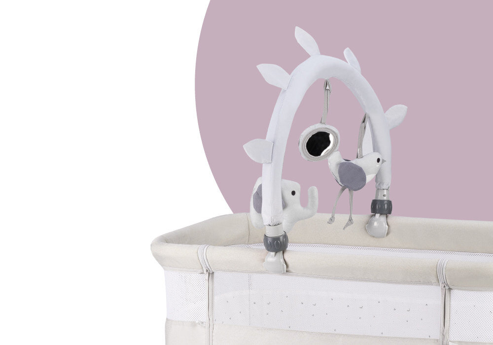 Łóżeczko MOMI Revo 2W1 Jasnoszary Rozwój dziecka i zabawa pałąk z zabawkami Pluszowe zabawki ciekawość umiejętności sensoryczne