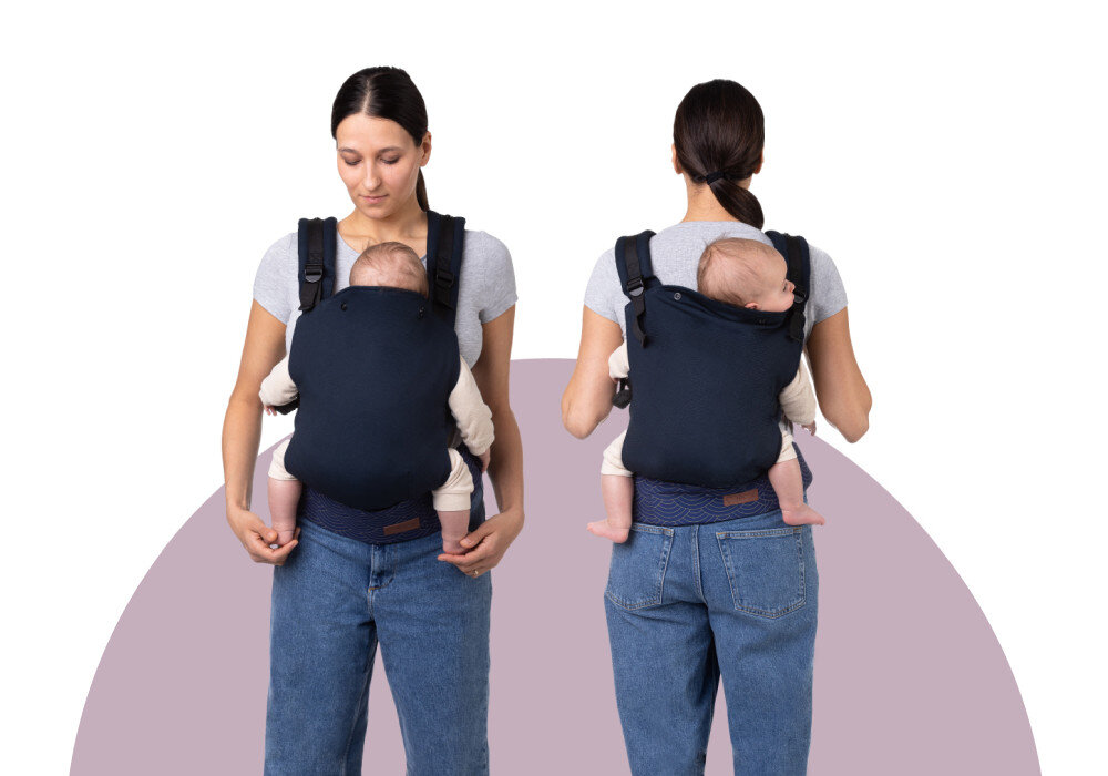 Nosidełko MOMI Collet Granatowy 2 sposoby noszenia dopasowanie pozycja dla dzieci od około 3 miesiąca z tyłu od około 12 miesiąca Nośność sięga 20 kg od niemowlaka po aktywnego starszaka