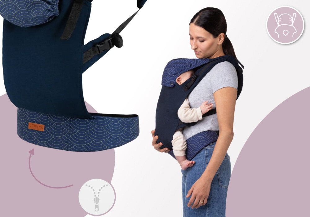 Nosidełko MOMI Collet Granatowy 2 Przydatne dodatki praktyczną kieszonkę na drobiazgi Odpinany kapturek ochrona Gumki na końcach pasów 