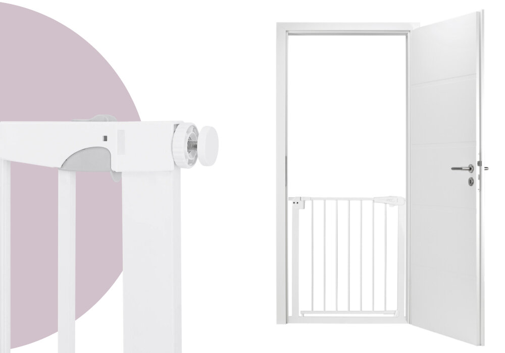 Barierka zabezpieczająca MOMI Paxi Plus AKCE00046 Normy bezpieczeństwa Podwójne zabezpieczenie przed przypadkowym otwarciem gładkie wykończenia  zgodny z europejskimi normami EN 1930 oraz EN 71-2/3 