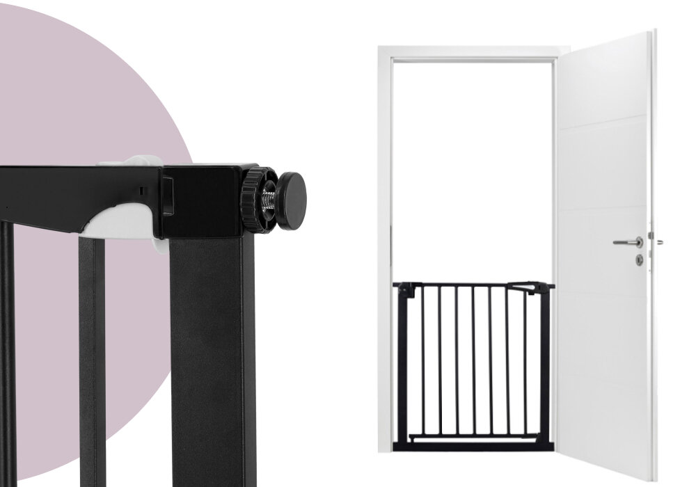 Barierka zabezpieczająca MOMI Paxi Plus AKCE00048 Normy bezpieczeństwa Podwójne zabezpieczenie przed przypadkowym otwarciem gładkie wykończenia  zgodny z europejskimi normami EN 1930 oraz EN 71-2/3 