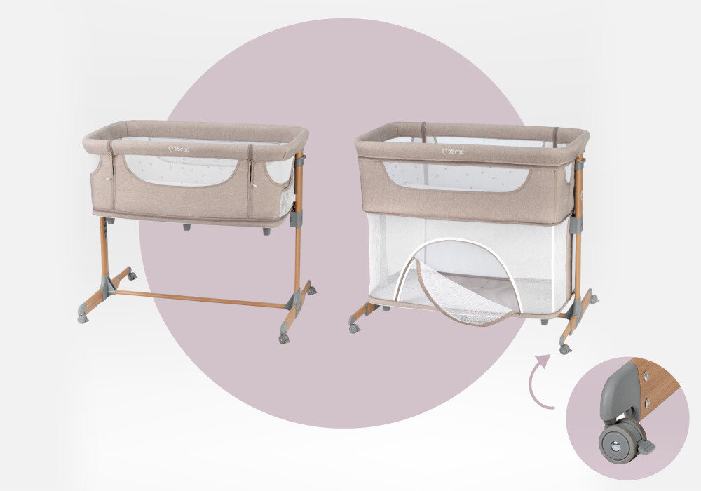 Łóżeczko MOMI Smart Bed 4W1 Beżowy 4 w 1 funkcję dostawki samodzielnego łóżeczka, łóżeczka turystycznego i kojca zarówno w domu, jak i w podróży proste w montażu Kółka ułatwiają przemieszczanie Blokada kółek