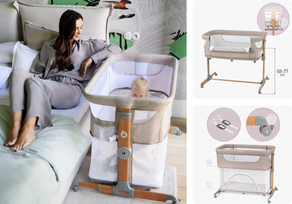 Łóżeczko MOMI Smart Bed 4W1 Beżowy 5 poziomów wysokości dopasowanie wysokość Bok odpina się na zamek Długie pasy mocujące i blokada kółek