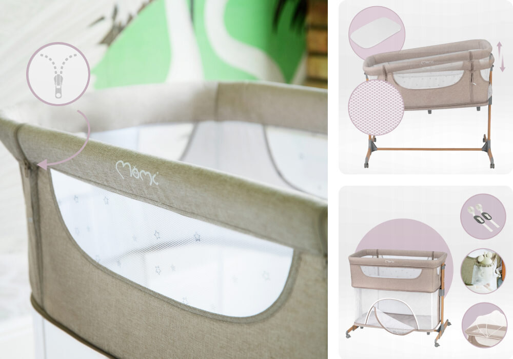Łóżeczko MOMI Smart Bed 4W1 Beżowy Regulacja kąta i przewiewne boki powiększone okienko z przewiewnej siatki Możliwość dostosowania kąta materacyka doczepianą moskitierę kieszonkę do przechowywaniap